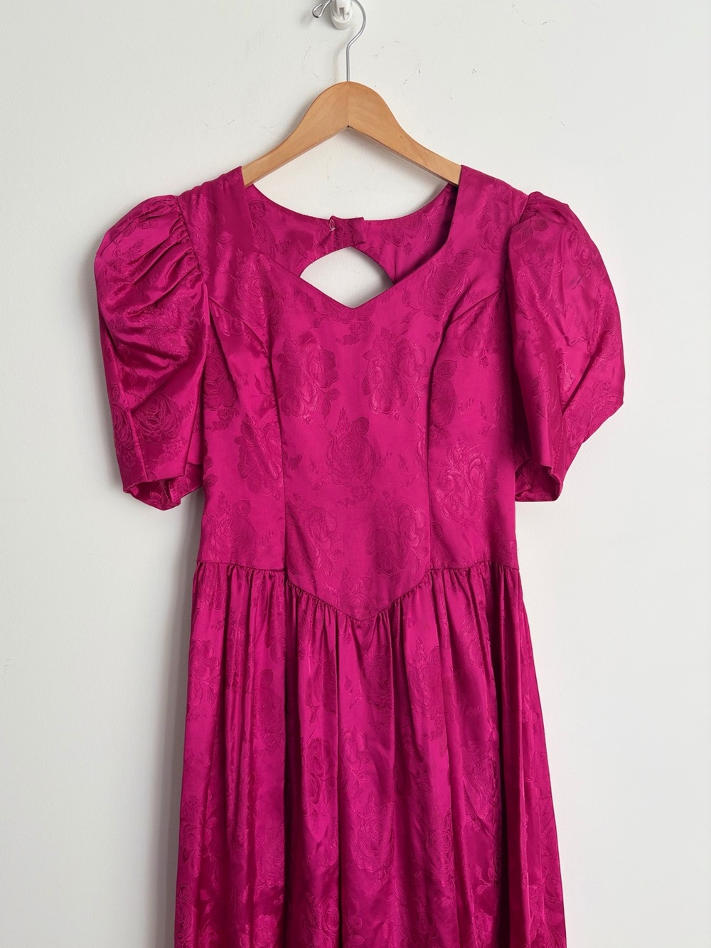 Vintage Fuchsia Rose Jacquard Basque Waist Puff Sleeve Dollcore Dress XS-S - Picture 4 of 12